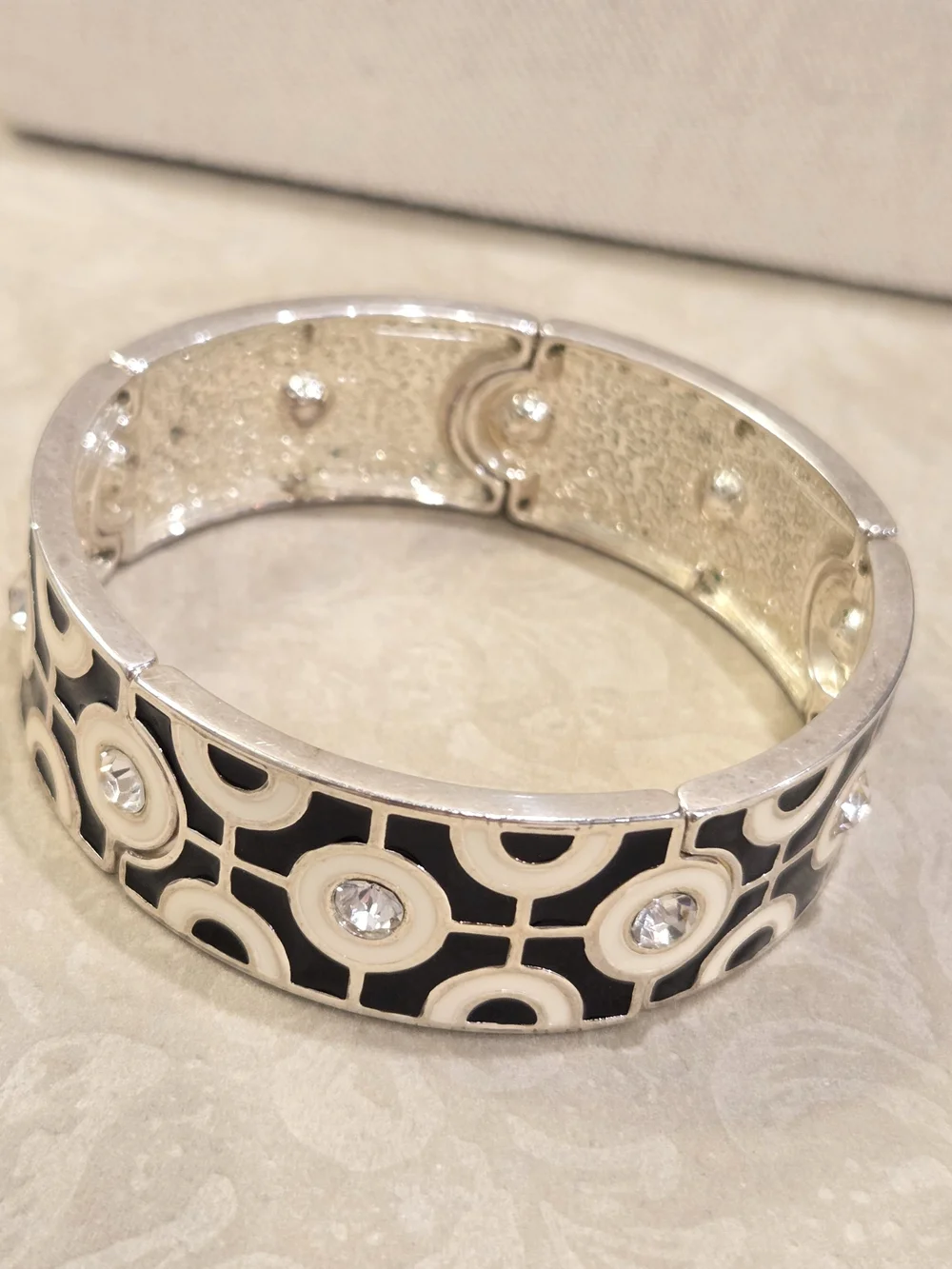 Black and White Enamel Geometric Mod Bracelet with Crystal Accents